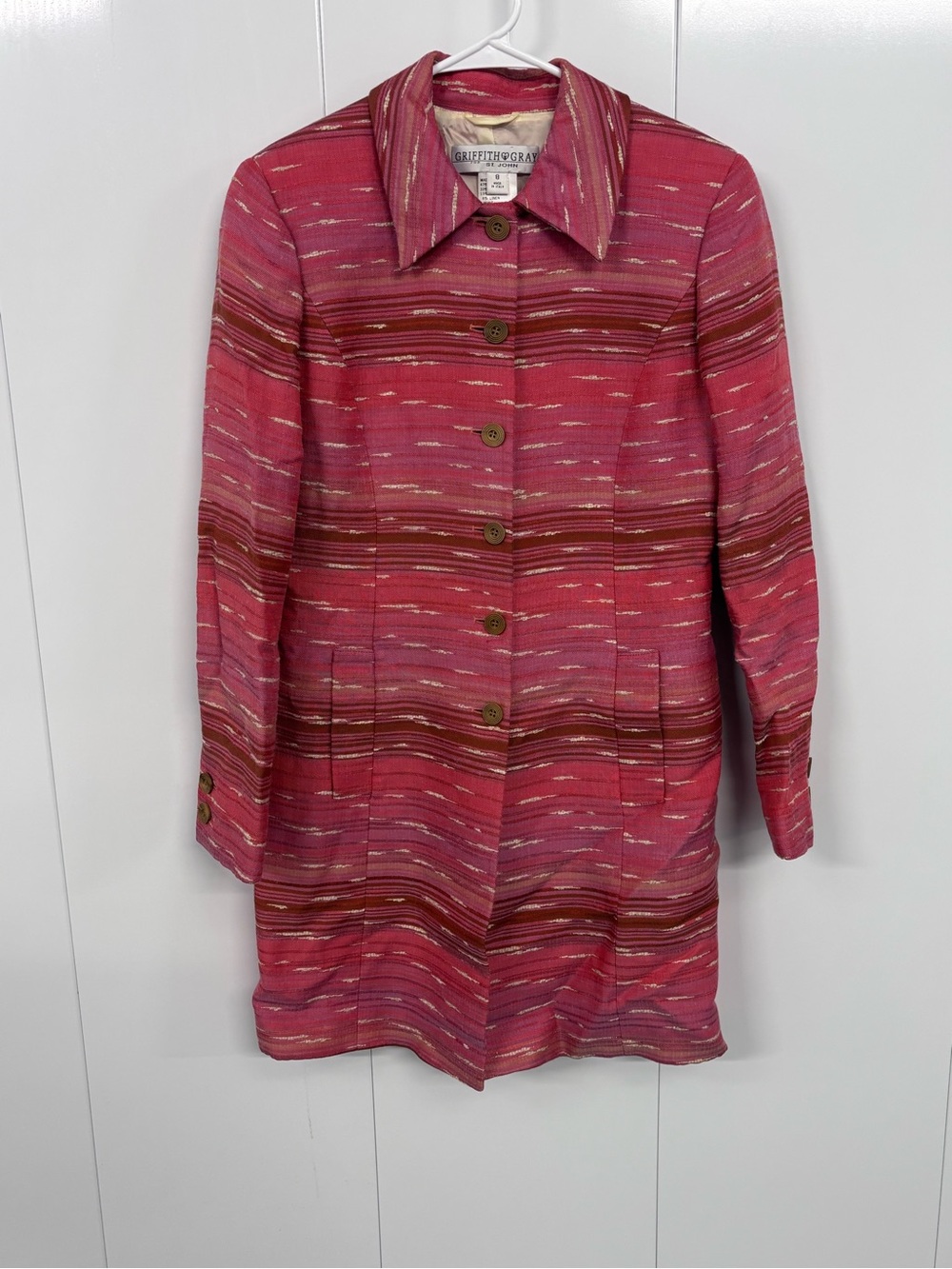 VTG Griffith Gray for St John Pink Textured Tweed Trench Coat Jacket Italy 8
